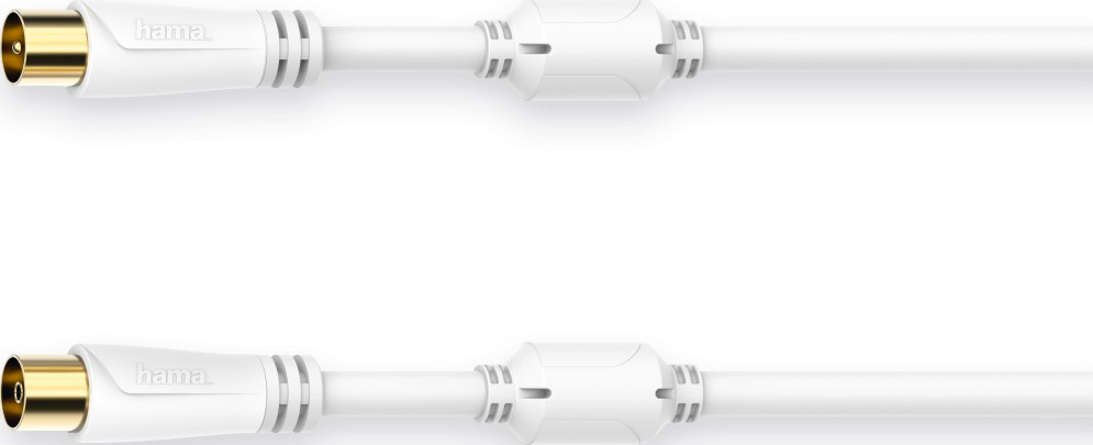Deux câbles coaxiaux blancs avec des connecteurs à chaque extrémité, placés sur une surface blanche.