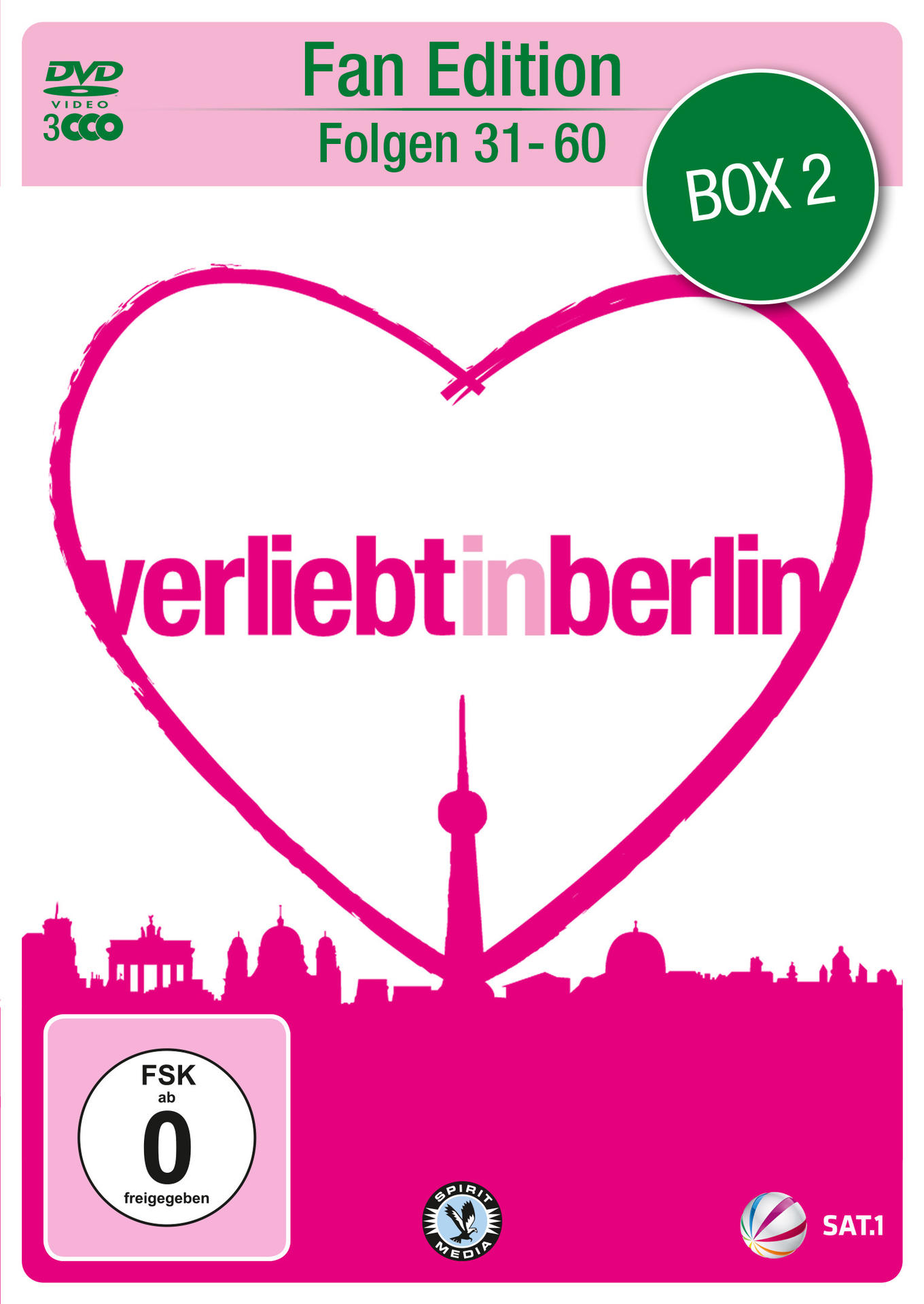 Eine pinkfarbene DVD-Hülle mit Herz und Stadtsilhouette, mit 'verliebt in berlin'.