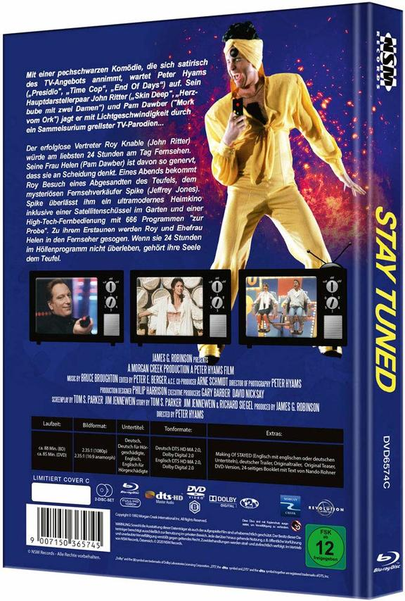 DVD-Hülle hinten mit einem Mann in gelbem Anzug und Fernsehbildschirmen.
