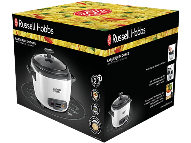 Egy Russell Hobbs nagy rizsfőző fekete felületen, a dobozában.