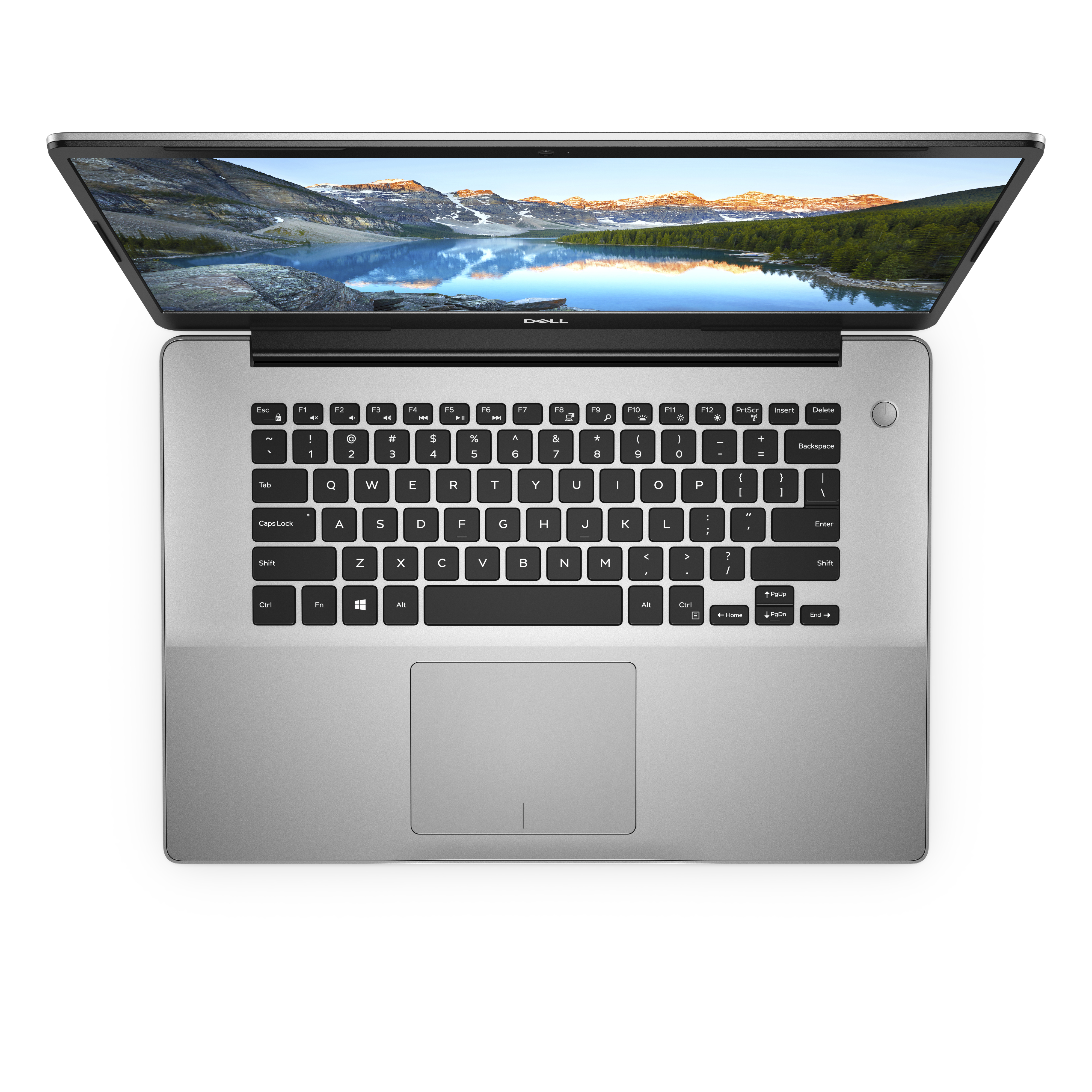 Draufsicht auf Laptop mit geöffnetem Bildschirm, der eine See- und Bergszene zeigt.