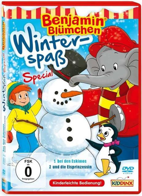 DVD-Hülle mit Schneemann, Junge, Elefant und Pinguin. Cartoon-Szene. Roter und weißer Rahmen.