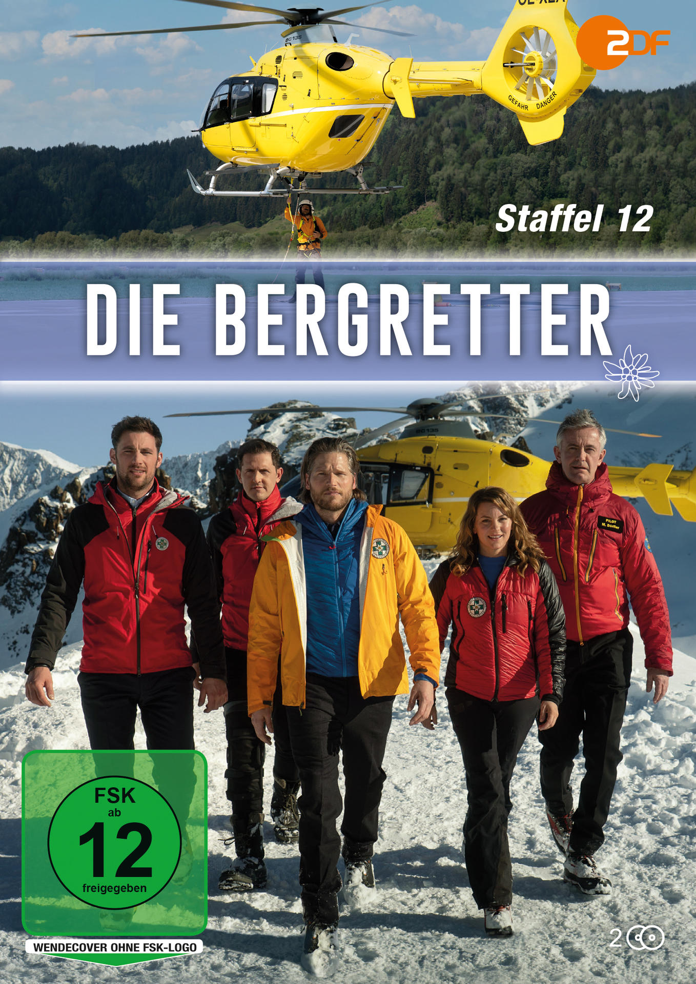 DVD-Cover mit Schauspielern in roten und gelben Jacken, einem Hubschrauber und Bergen.