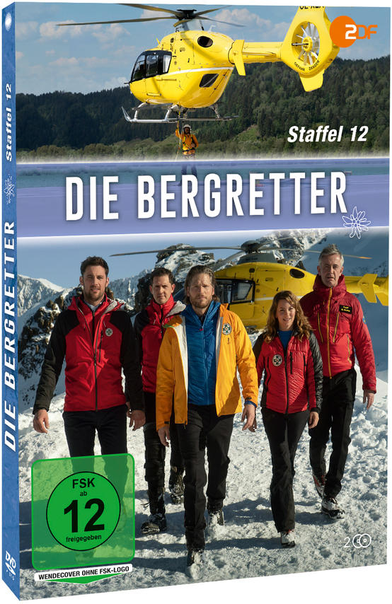 DVD-Cover: 'Die Bergretter' Serie mit gelbem Hubschrauber und Mitgliedern des Rettungsteams.