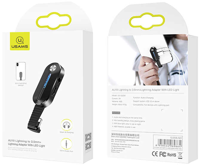 USAMS AU10 Lightning - 3,5 mm + Lightning adapter doboza, telefonnal és adapterrel.
