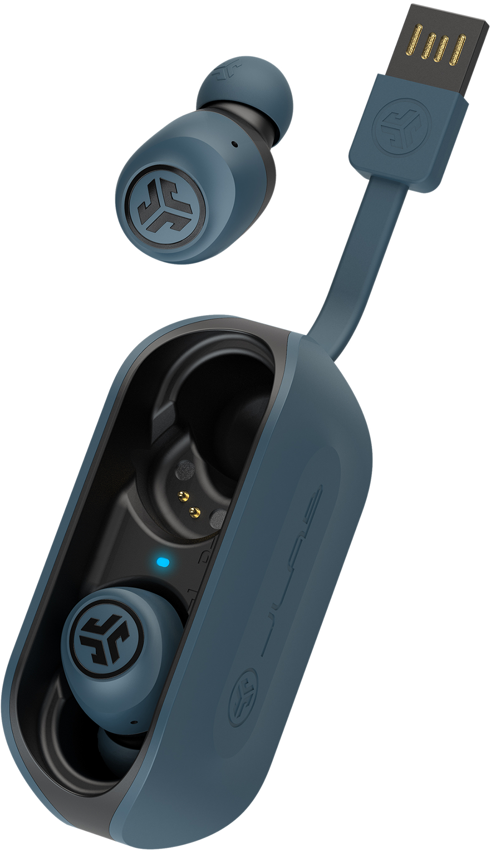 Blauwe oordopjes en oplaadcase met een USB-connector.