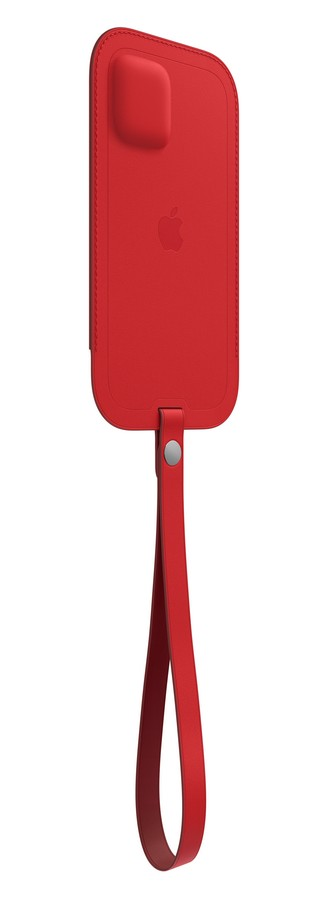 Una funda roja para iPhone con correa, sobre fondo blanco.