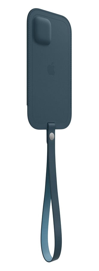 Funda de teléfono azul oscuro con lazo, logotipo de Apple y correa de muñeca azul oscuro.