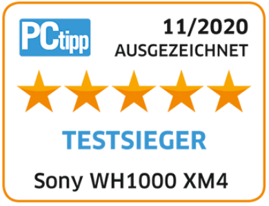 Weiß-oranger Aufkleber mit Sternen, Text: TESTSIEGER. Sony WH1000 XM4.