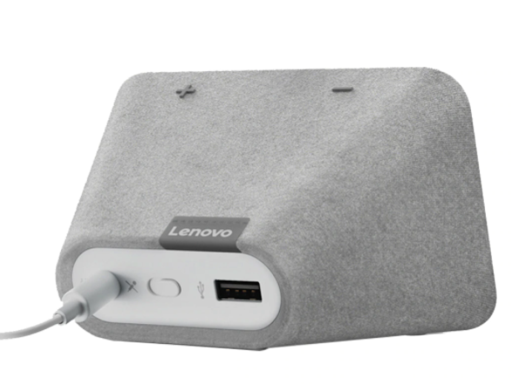 Un reloj inteligente Lenovo gris con un puerto USB y un cable de alimentación conectado.
