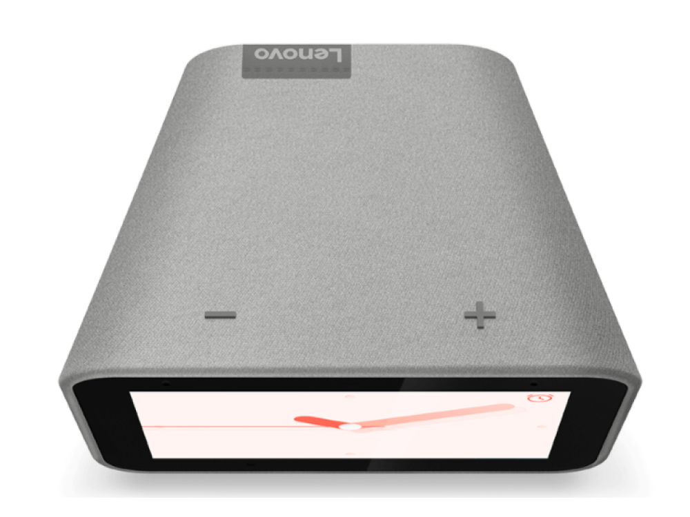 Un dispositivo Lenovo gris con una pantalla que muestra un reloj y botones de más/menos.