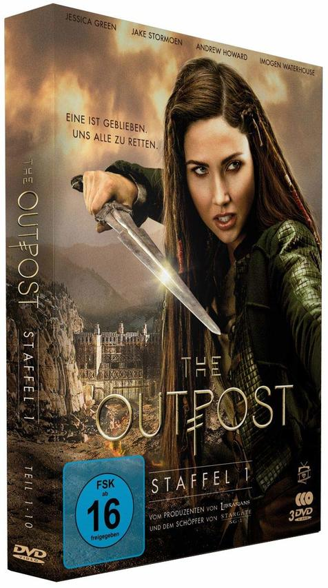 DVD-Hülle der Serie 'The Outpost'. Eine Frau hält ein Messer. Text auf Deutsch, Titel und Staffel auf dem Cover.