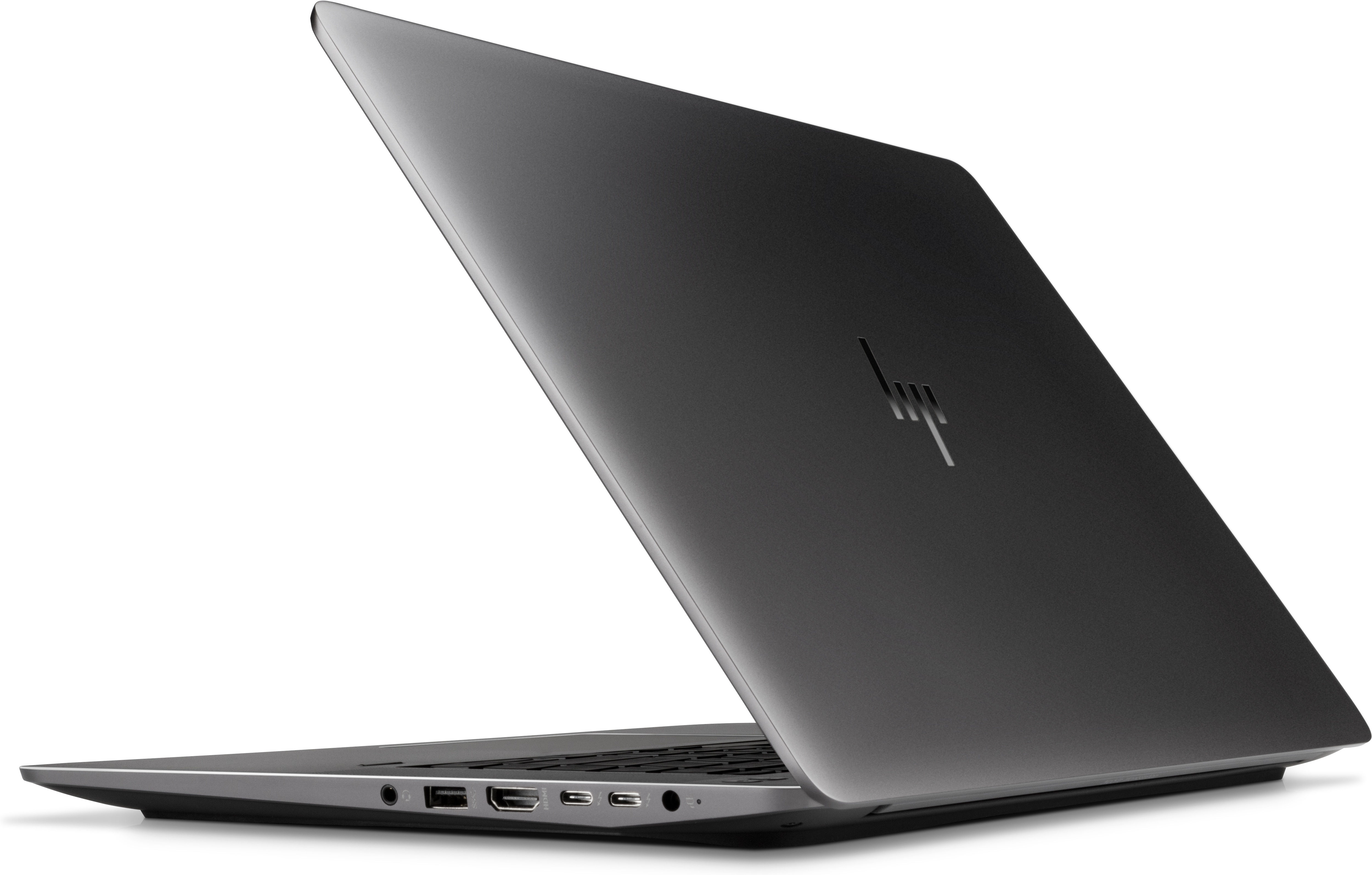Schwarzer HP-Laptop, teilweise geöffnet. HP-Logo auf dem Deckel. Abgewinkelte Ansicht, die Basis und Anschlüsse zeigt.