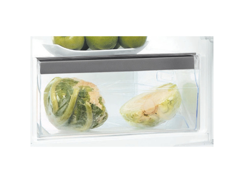 Dentro de un refrigerador, se ven dos repollos envueltos y un plato de manzanas verdes.