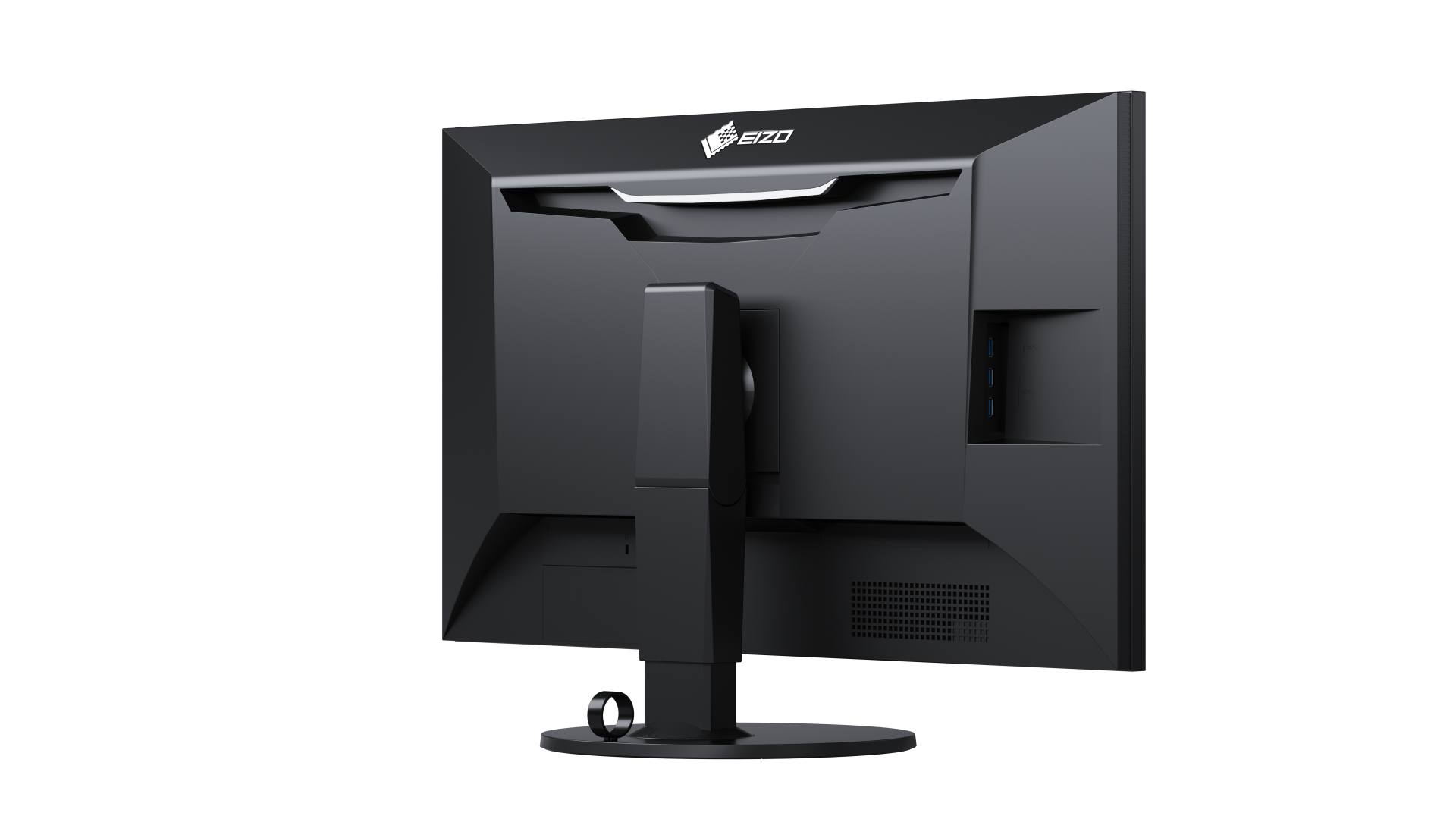 Rückansicht eines schwarzen Computermonitors mit Ständer, weißer Hintergrund.