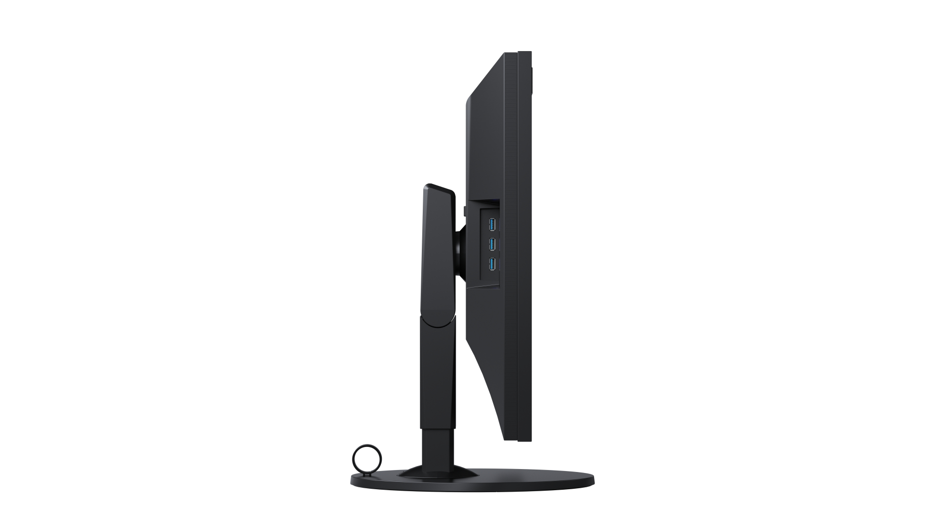 Seitenansicht eines schwarzen Monitors mit USB-Anschlüssen.