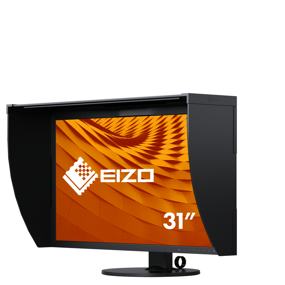 EIZO-Monitor mit schwarzer Blende. Orangefarbener und gelb gemusterter Bildschirm. Weißer Hintergrund.