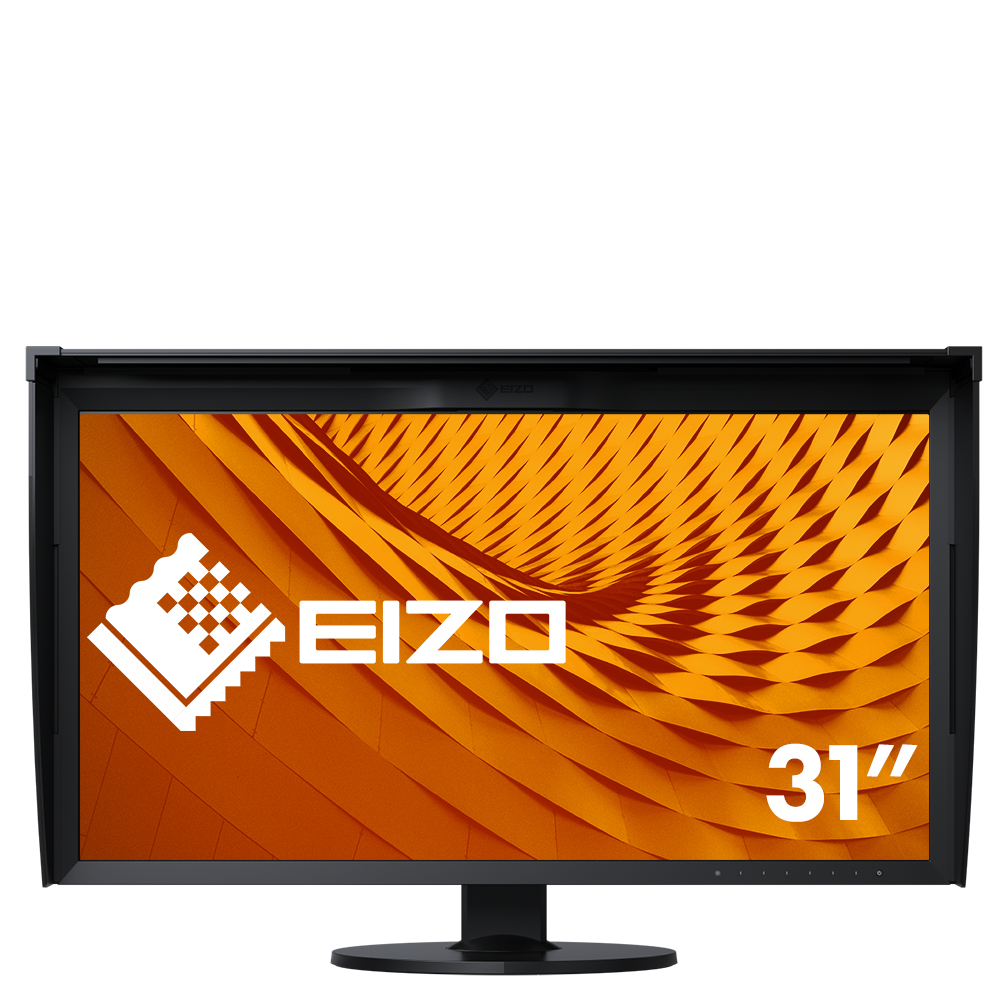 Eizo-Monitor mit schwarzem Rahmen und orangefarbenem Bildschirm.