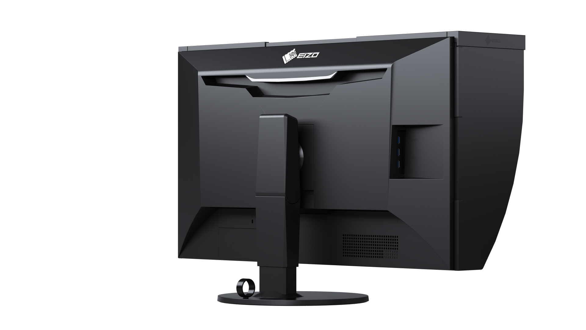 Schwarzer Monitor-Rückansicht. Mit Eizo-Logo, Anschlüssen und Ständer.