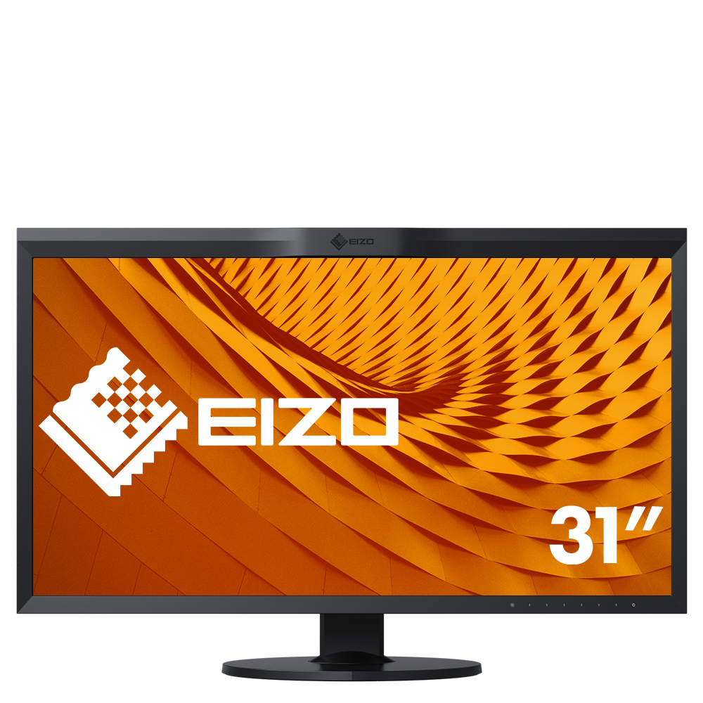 Ein EIZO 31" Monitor mit schwarzem Rahmen, der ein orangefarbenes abstraktes Hintergrundbild anzeigt.