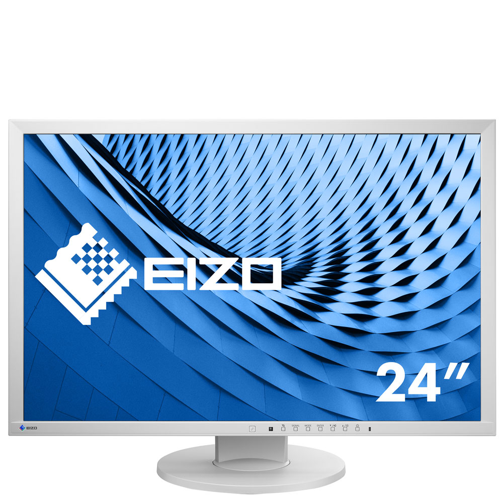 Weißer EIZO 24" Monitor mit blauem Wellenmuster-Hintergrund.