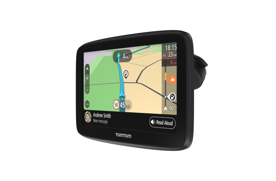 Ein TomTom GPS-Gerät mit angezeigter Karte, zeigt Fahranweisungen.
