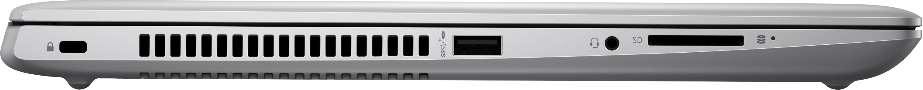 Seitenansicht eines Laptops. Anschlüsse und Lüftungsschlitze sichtbar. Graue Farbe.