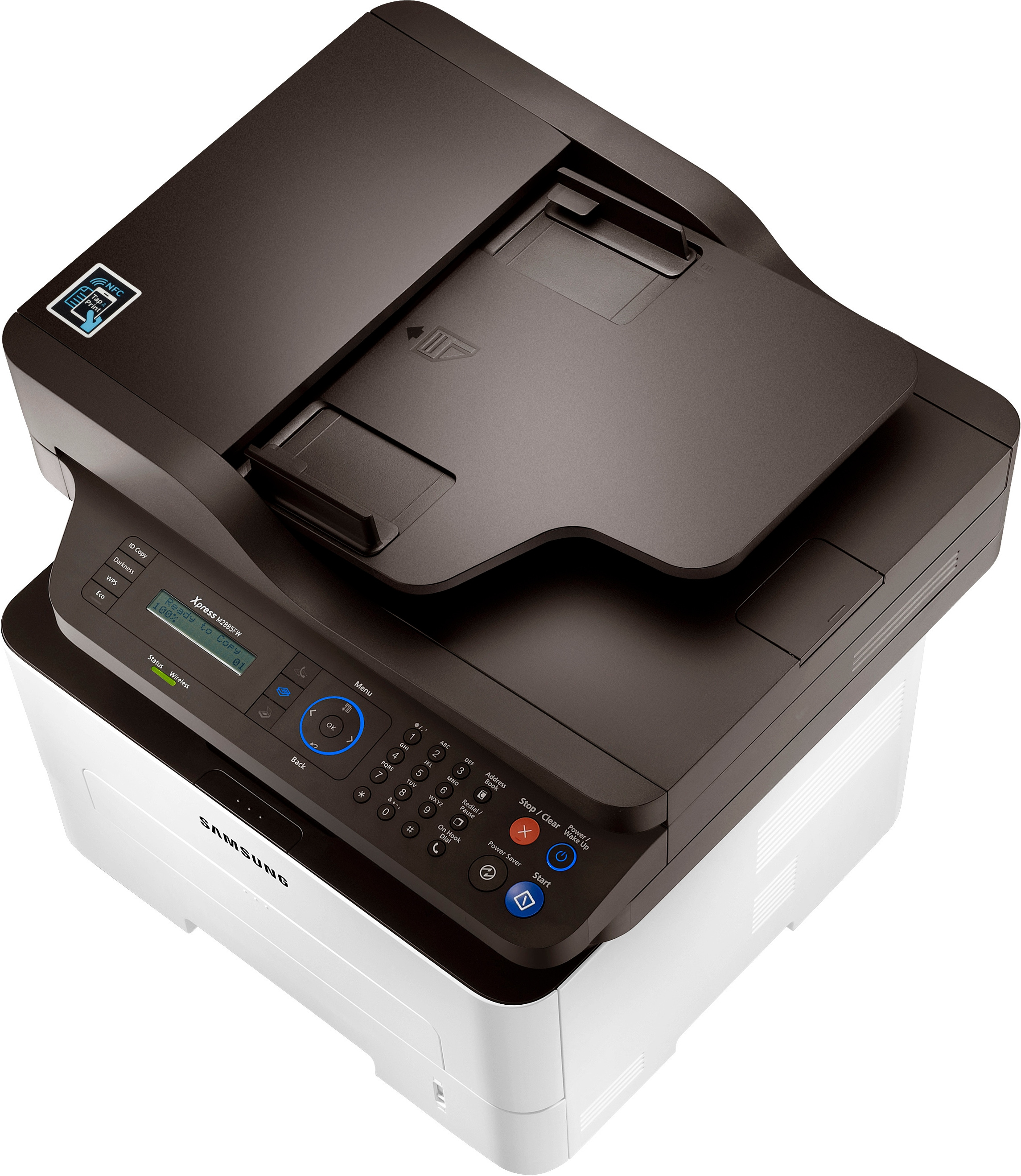 Ein schwarz-weißer Samsung-Drucker mit einem Fach oben drauf.