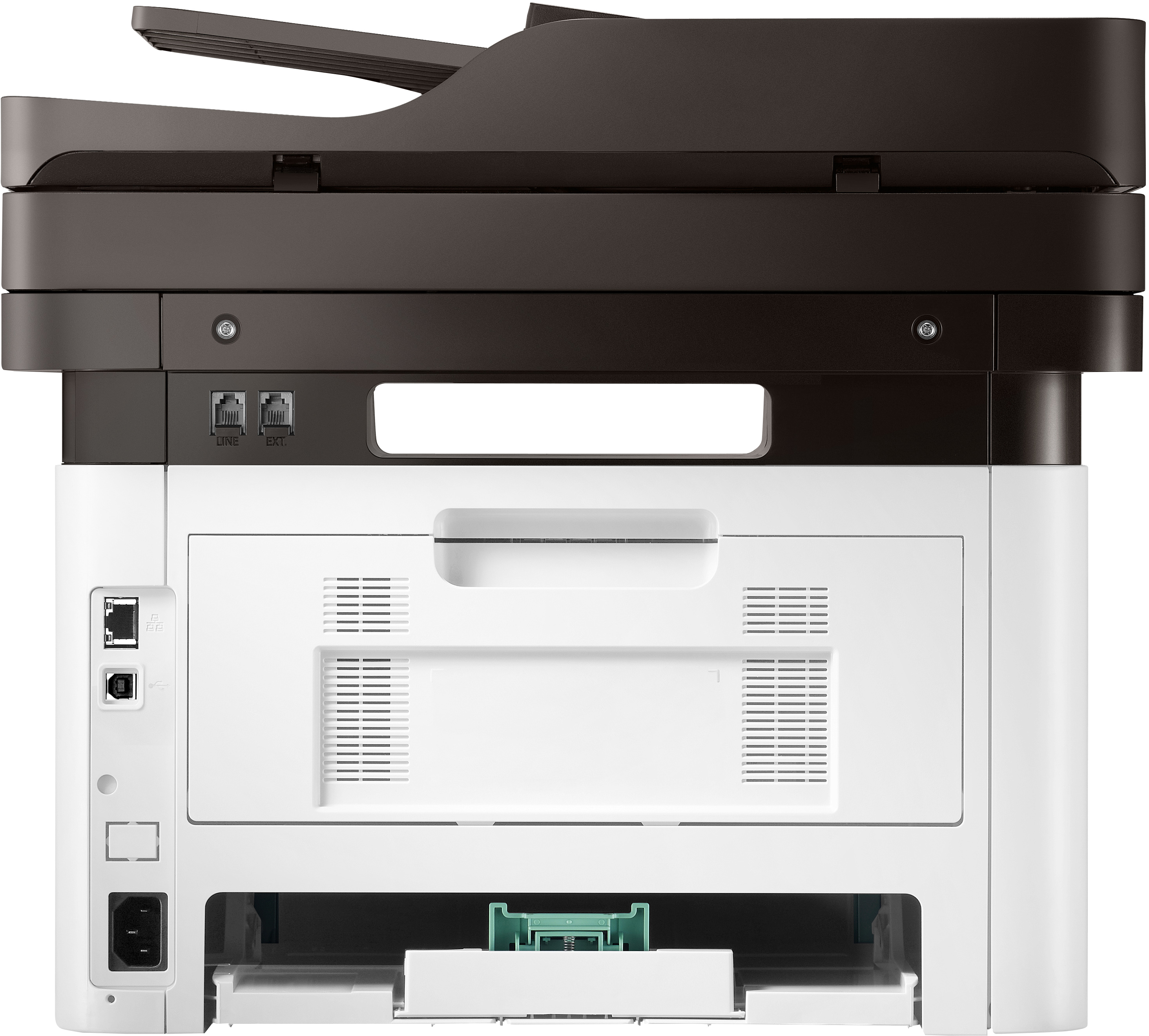 Drucker-Rückansicht, weißes Gehäuse, schwarze Oberseite, USB- und Ethernet-Anschlüsse.