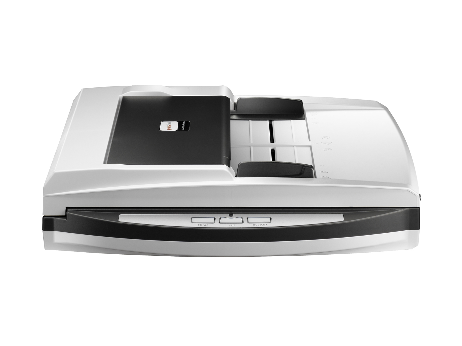 Weißer und schwarzer Scanner, Draufsicht, auf weißem Hintergrund.