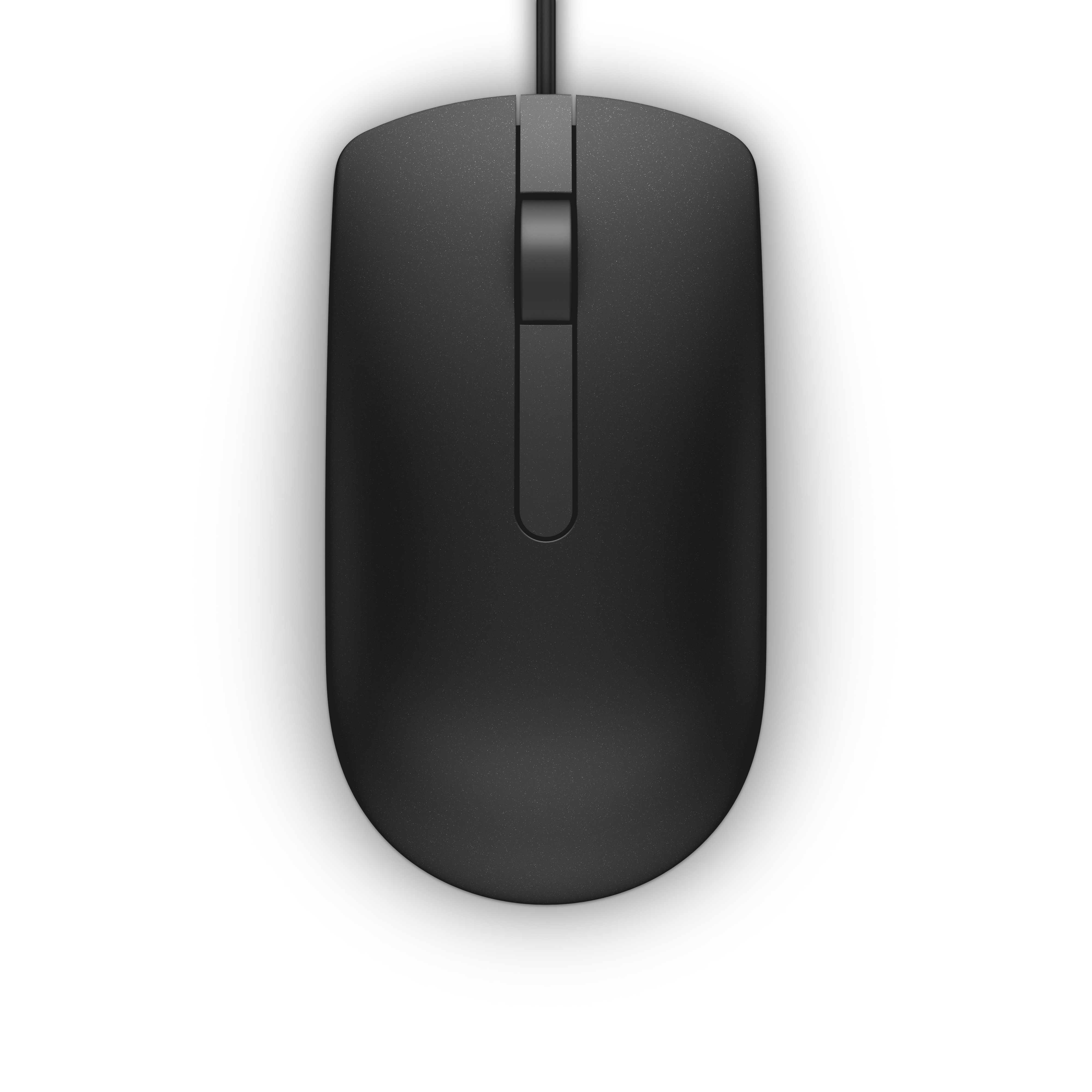 Eine schwarze Computermaus, Draufsicht, auf weißem Hintergrund. Ein schwarzes Kabel ragt von oben heraus.