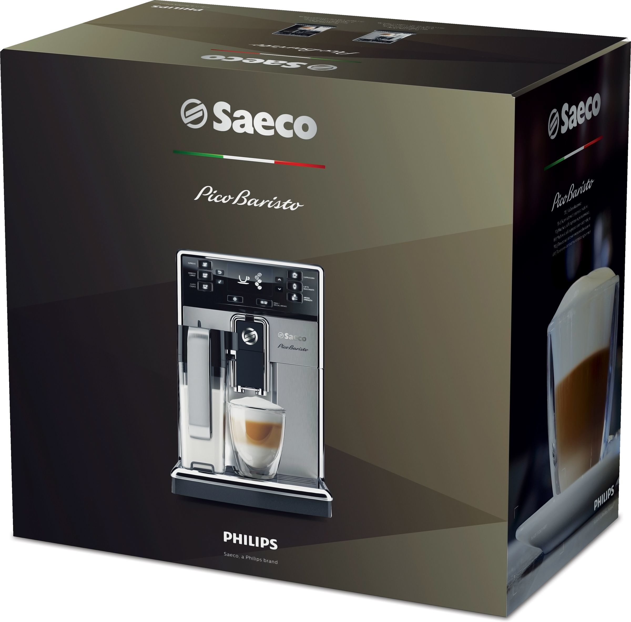 Eine Saeco PicoBaristo Kaffeemaschine in ihrem Verpackungskarton.