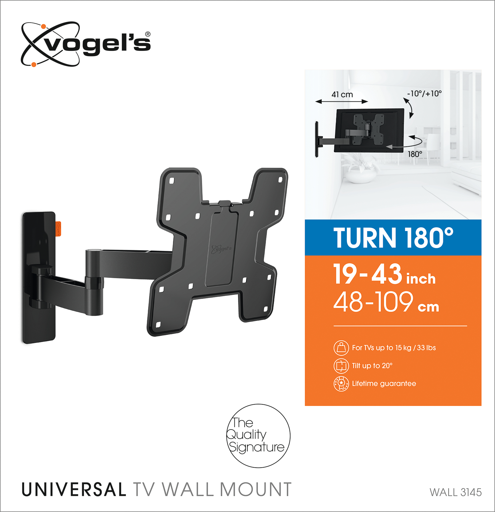 VOGEL´S WALL 3145 TV-Wandhalterung für 48-109 cm (19-43 Zoll) Fernseher, drehbar und neigbar, Wandhalterung, max. 43 Zoll, Schwenkbar, Neigbar, Ausziehbar, Schwarz