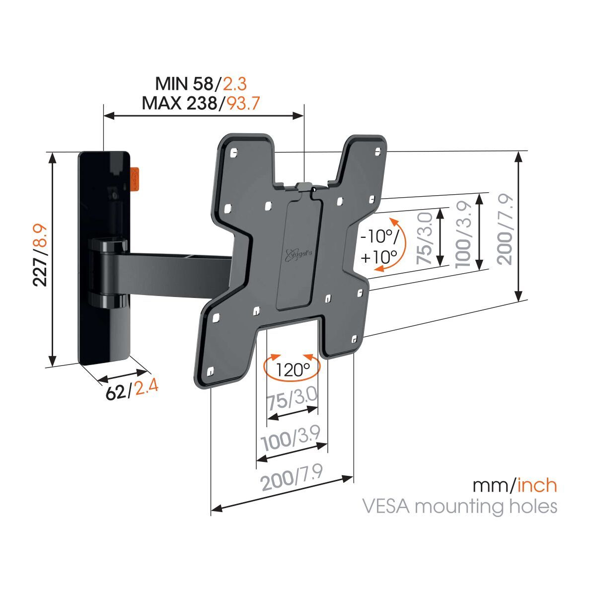 VOGEL´S Vogel's WALL 3125 TV-Wandhalterung für 48-102 cm (19-40 Zoll) Fernseher, drehbar und neigbar, Wandhalterung, max. 40 Zoll, Schwenkbar, Neigbar, Schwarz