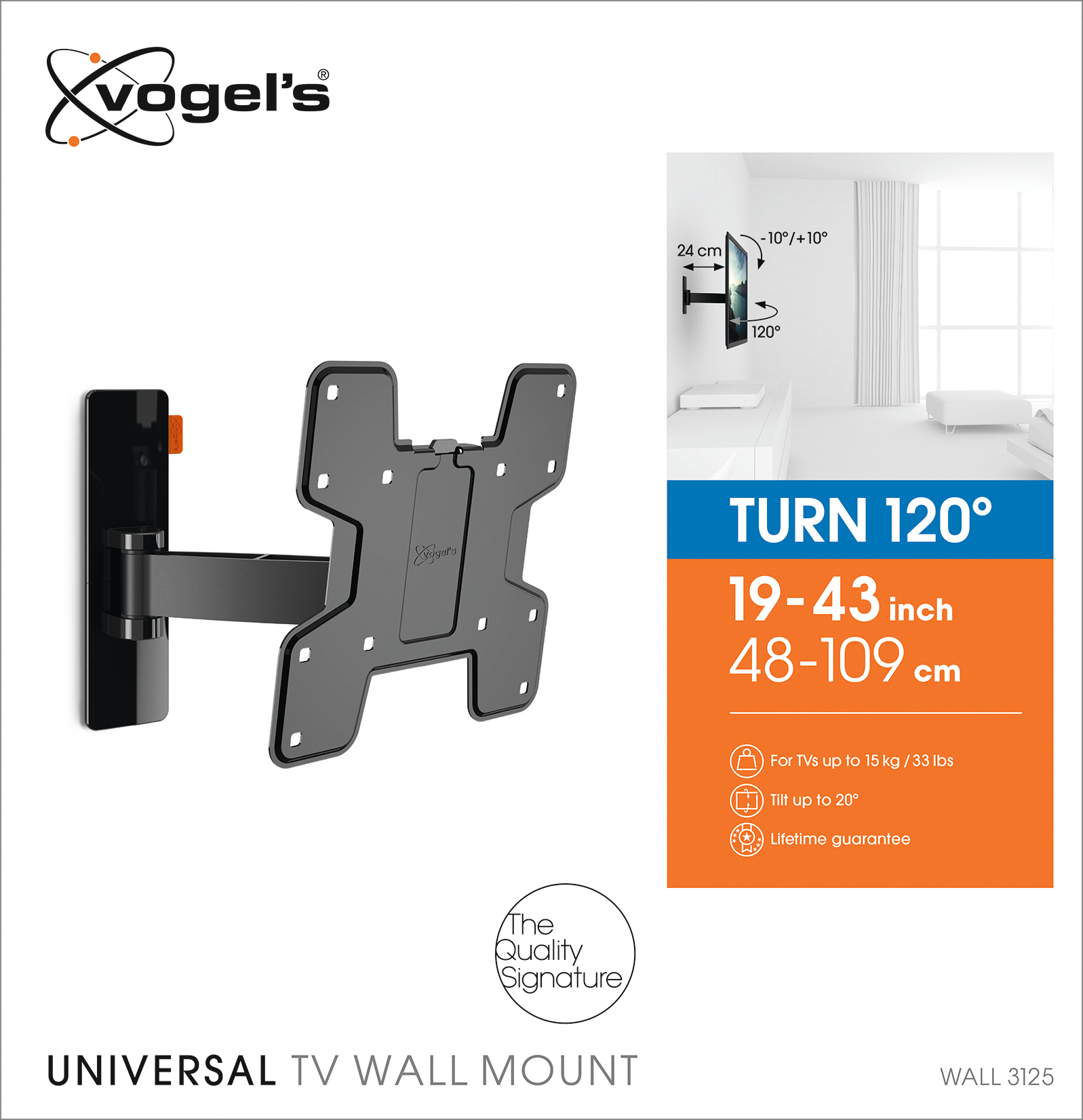 VOGEL´S Vogel's WALL 3125 TV-Wandhalterung für 48-102 cm (19-40 Zoll) Fernseher, drehbar und neigbar, Wandhalterung, max. 40 Zoll, Schwenkbar, Neigbar, Schwarz