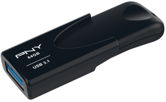 Clé USB noire avec le texte 'PNY 64GB USB 3.1'.