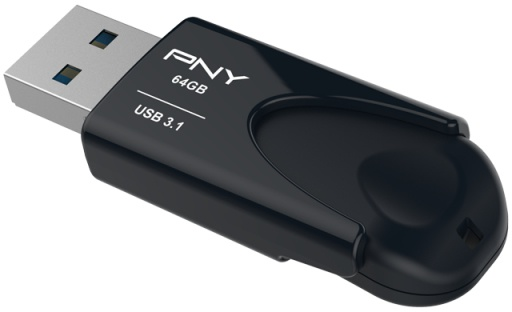 Une clé USB noire et bleue avec le texte 'PNY 64GB USB 3.1'.