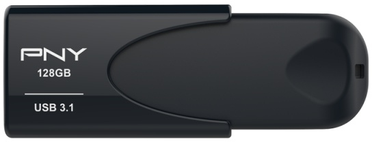 Black PNY USB drive with text. 