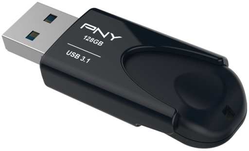 Black PNY USB 3.1 flash drive. Shows the PNY logo and 128GB capacity.