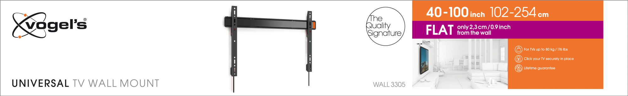 VOGEL´S Vogel's WALL 3305 TV-Wandhalterung für 102-203 cm (40-80 Zoll) Fernseher, starr, max. 80 kg, Wandhalterung, max. 100 Zoll, Starr, Schwarz
