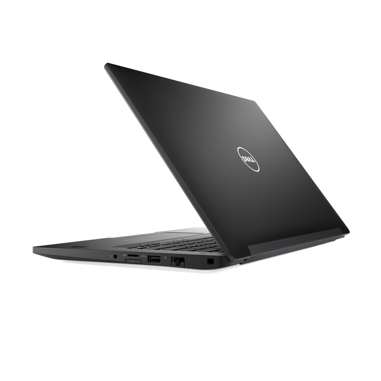 Schwarzer Dell-Laptop, in einem Winkel geöffnet. Dell-Logo auf dem Deckel. Zeigt Anschlüsse an der Seite.