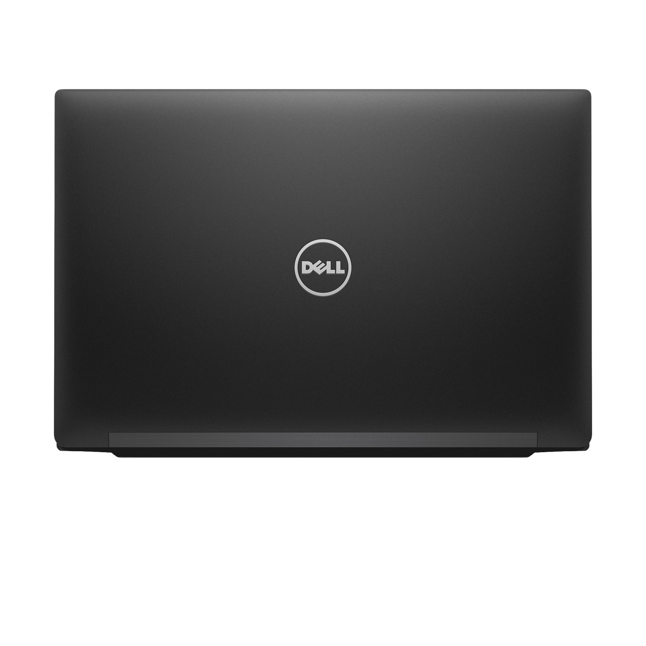 Schwarzer Laptopdeckel mit zentriertem Dell-Logo auf schwarzem Hintergrund.