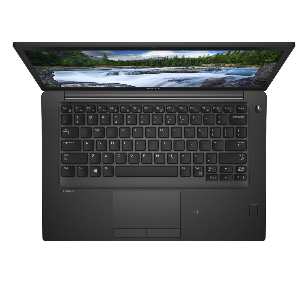 Draufsicht auf ein schwarzes Dell Latitude Laptop. Tastatur sichtbar. Der Bildschirm zeigt Landschaft.