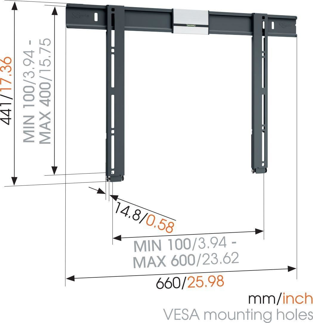 Silberne und schwarze TV-Wandhalterung mit Maßen in mm und Zoll.