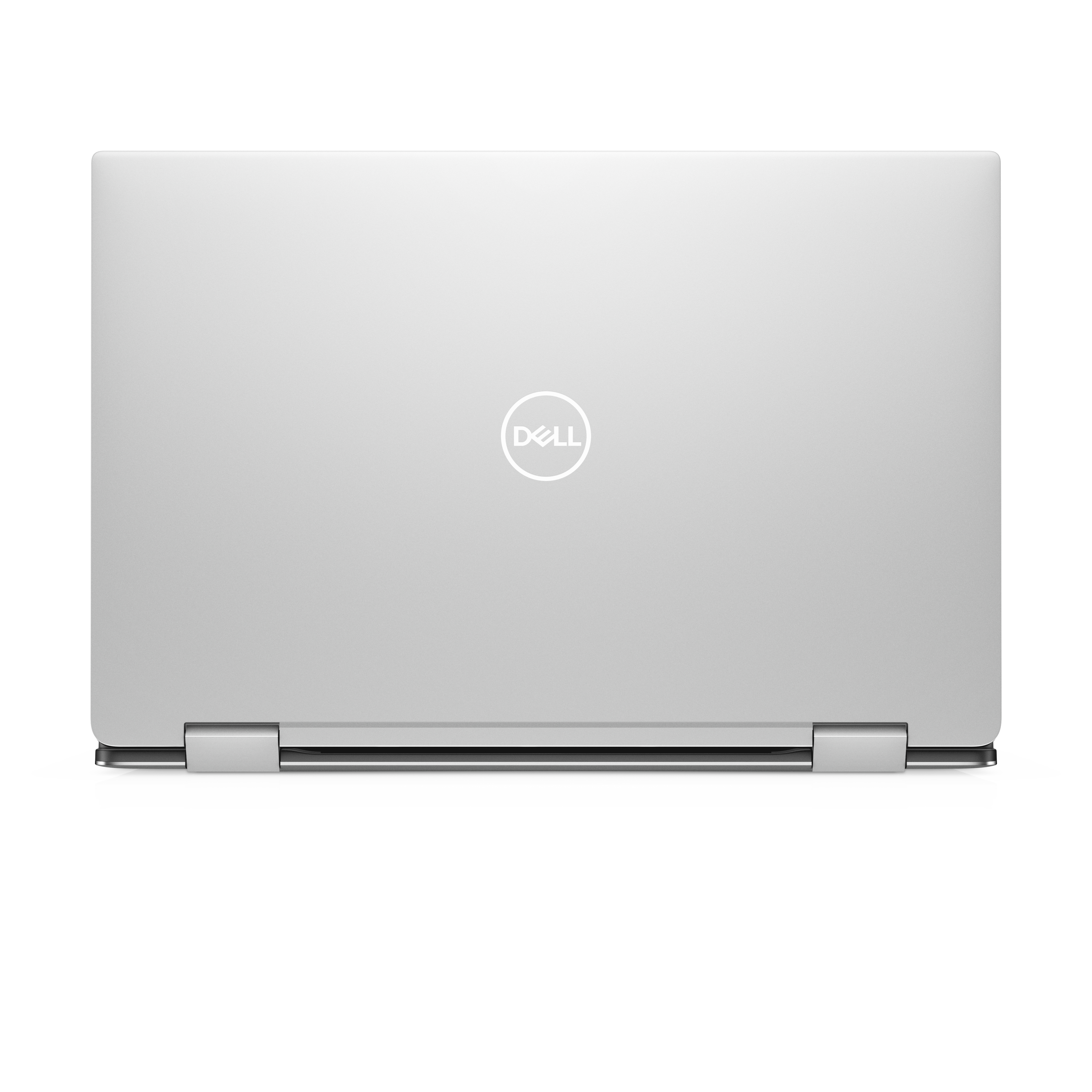 Geschlossener silberner Dell-Laptop, Rückansicht, auf weißem Hintergrund.