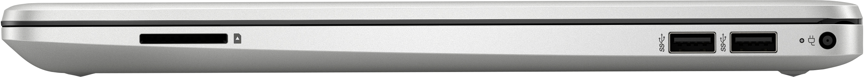 Seitenansicht eines silbernen Laptops mit sichtbaren Anschlüssen.
