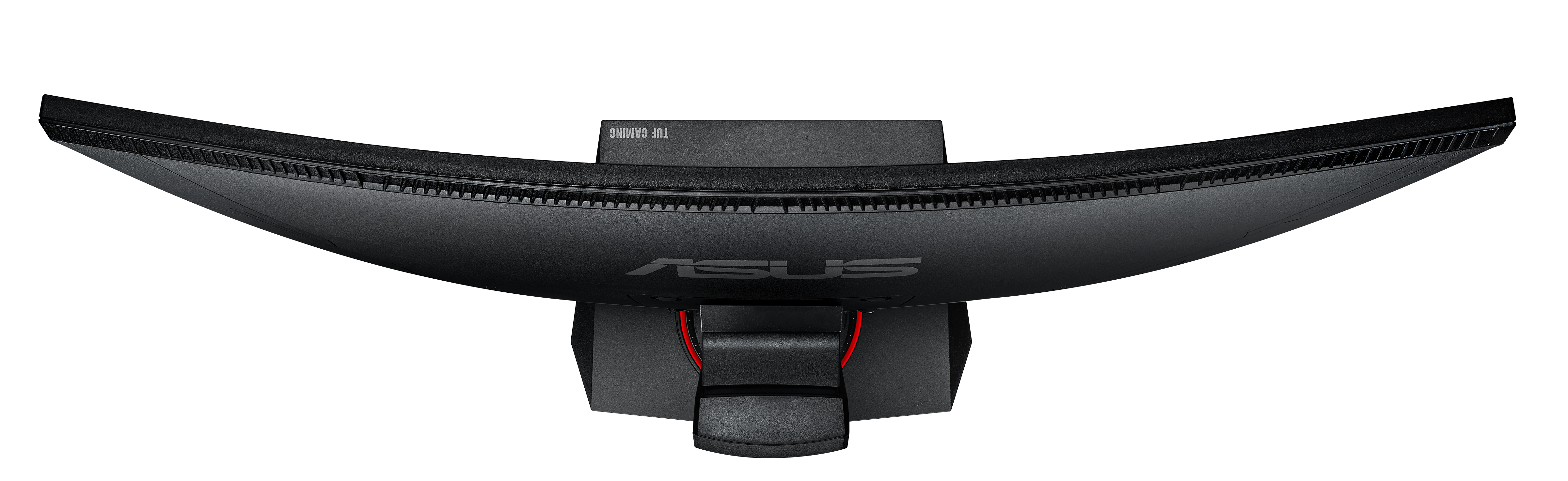 Ein geschwungener schwarzer Computermonitor von oben betrachtet, der das ASUS-Logo zeigt.