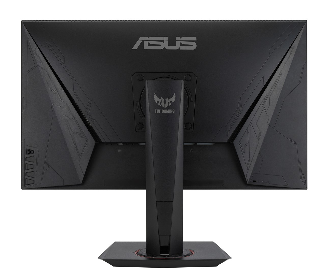 Schwarzer ASUS TUF Gaming Monitor von hinten. Mit ASUS-Logo, TUF Gaming-Logo und Standfuß. Das Design ist geometrisch.