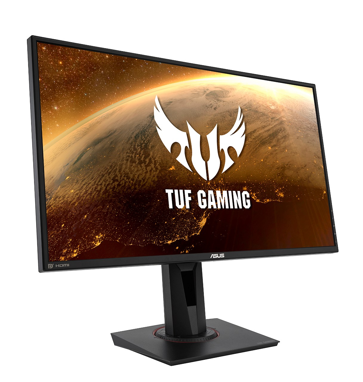 Ein Computermonitor zeigt eine Weltraumszene mit dem TUF Gaming-Logo. Der Monitor ist schwarz mit einem schwarzen Ständer.