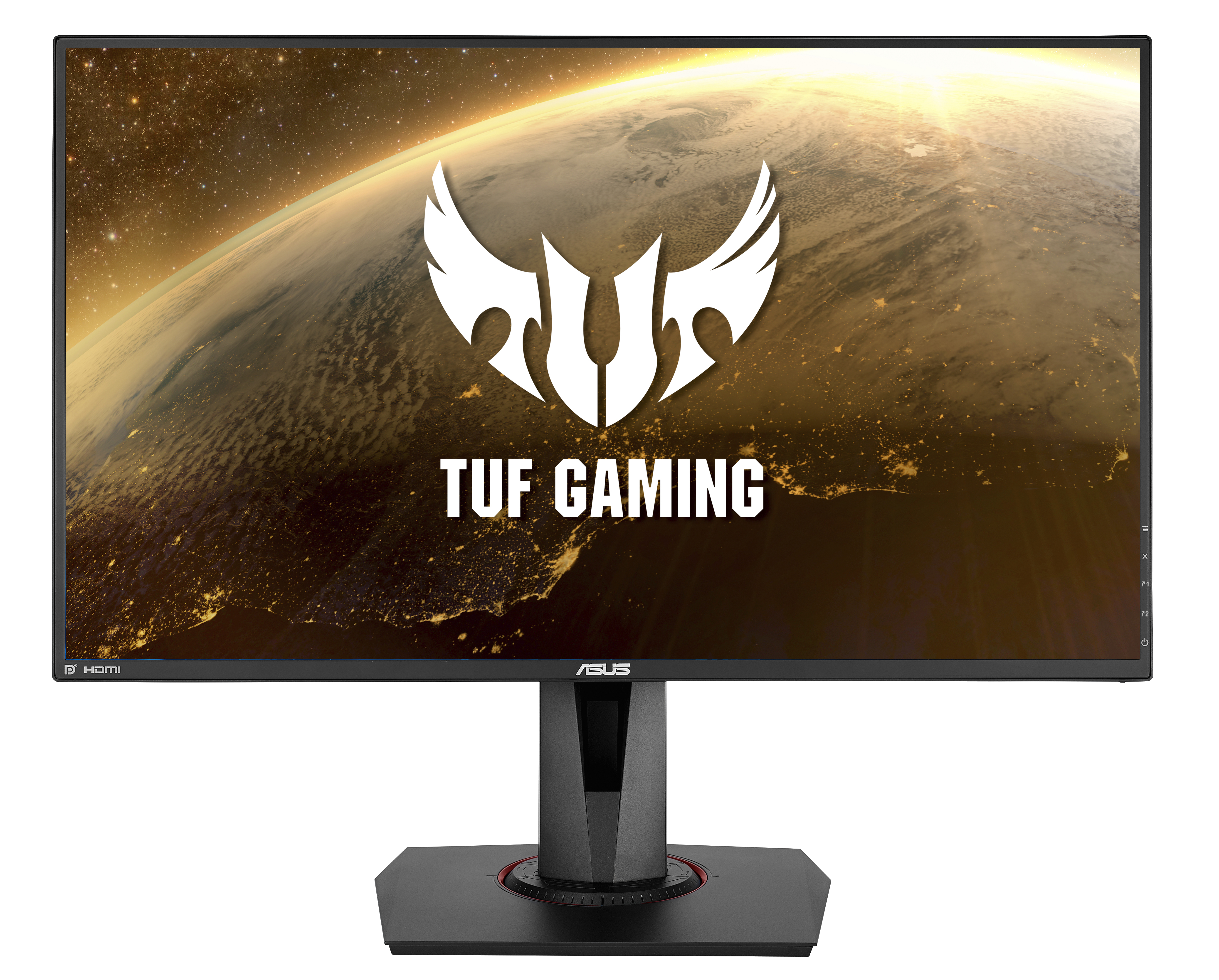 Ein Computermonitor zeigt ein Weltraum-Themenbild mit dem TUF GAMING-Logo. Der Monitor ist schwarz mit einem Ständer.